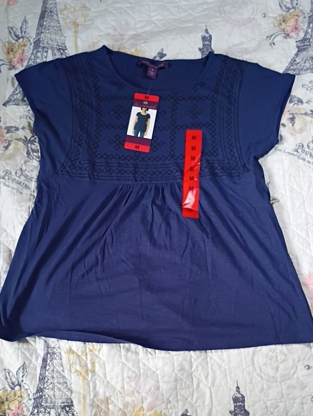 NWT Ava & Viv Navy Embroidered Short Sleeve Top